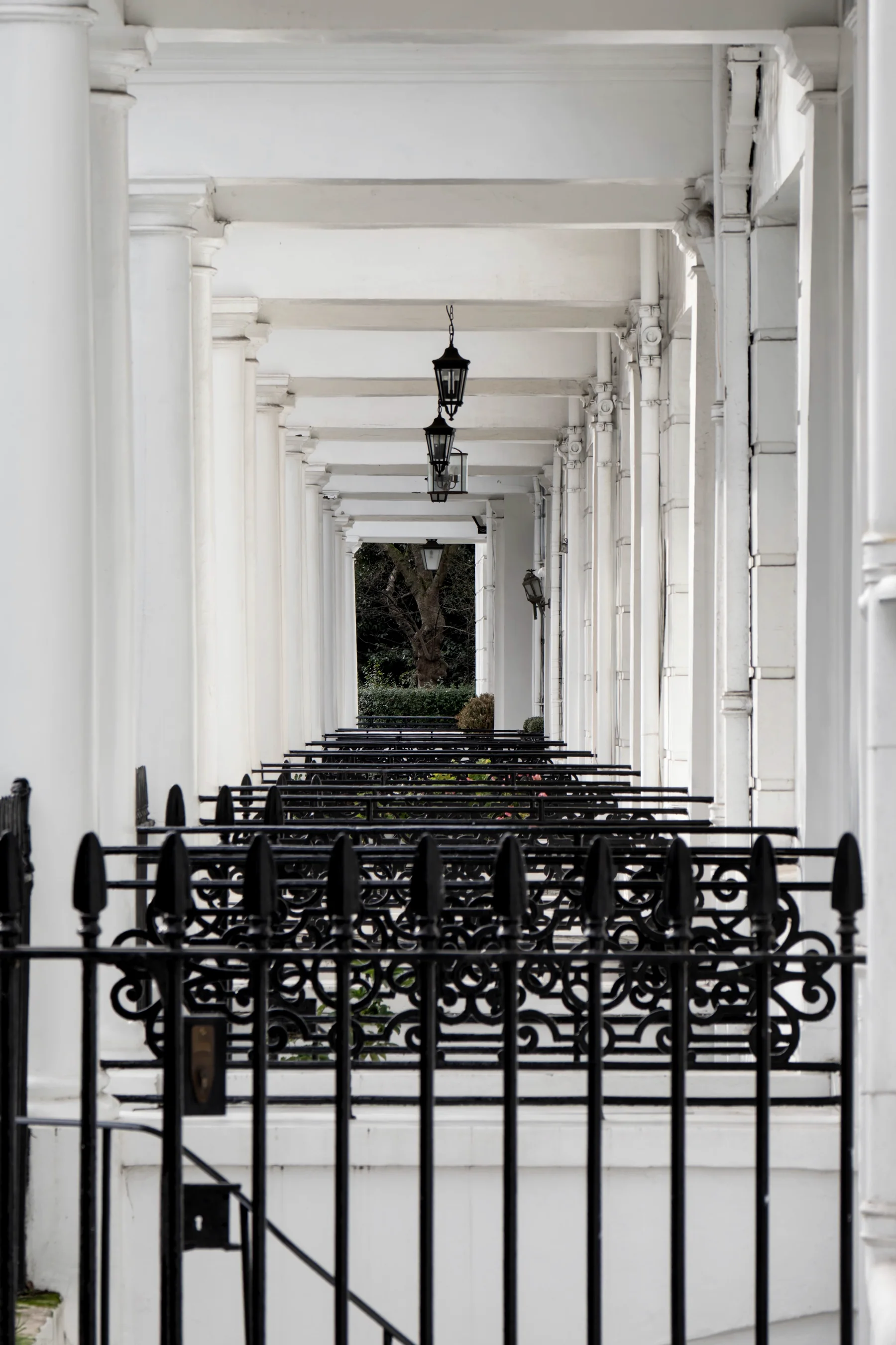 Georgian colonnade and ironwork in South Kensington, London